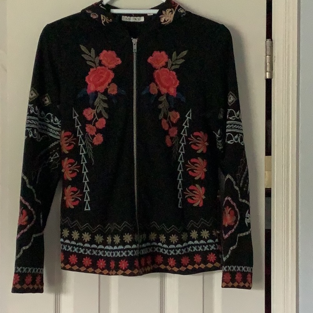 Adore Black Bomber Jacket with Red Floral Design